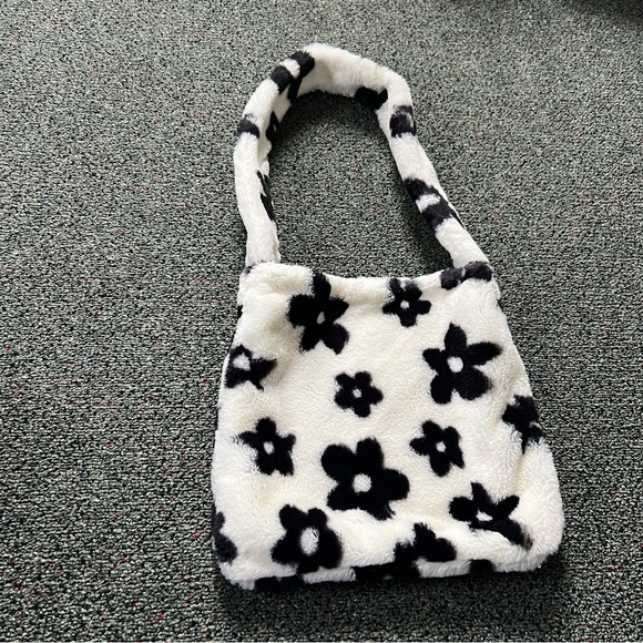 Fuzzy Furry Soft Black & White Floral Cow Print Medium Casual Shoulder Tote Bag - Picture 11 of 16